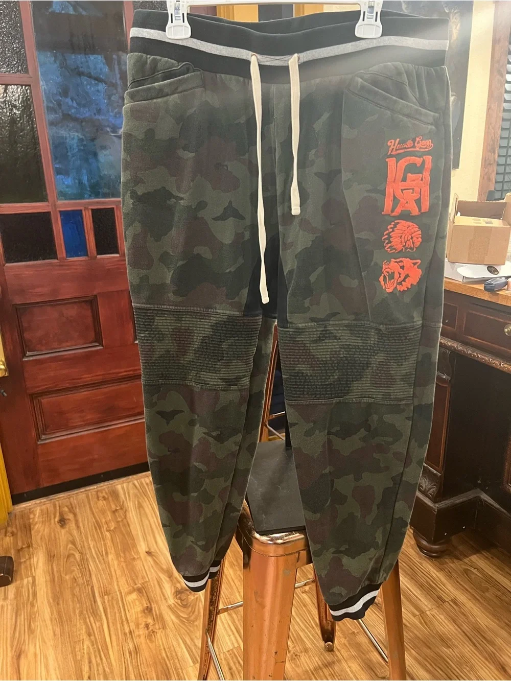 Hustle Gang Camo Green Joggers with Orange Logo